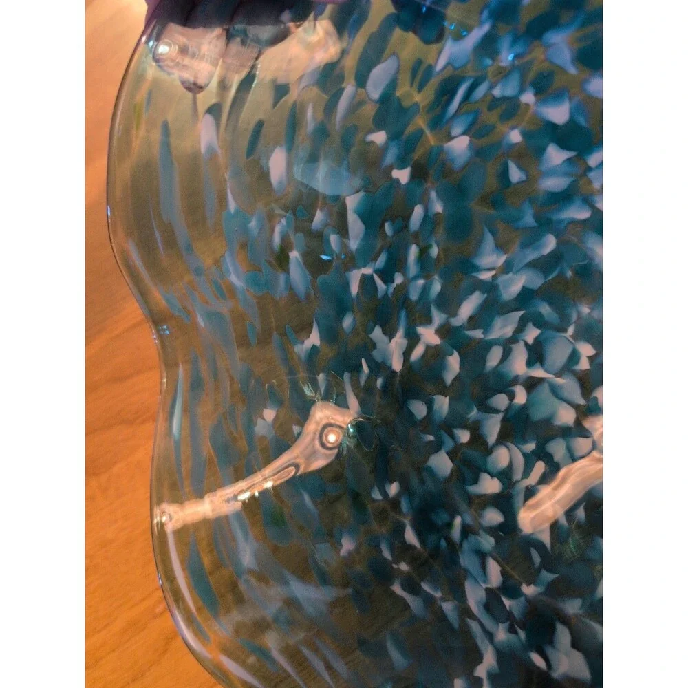 Vtg Blown Art Glass Blue White Confetti Floppy Bowl Handkerchief Ruffle 12